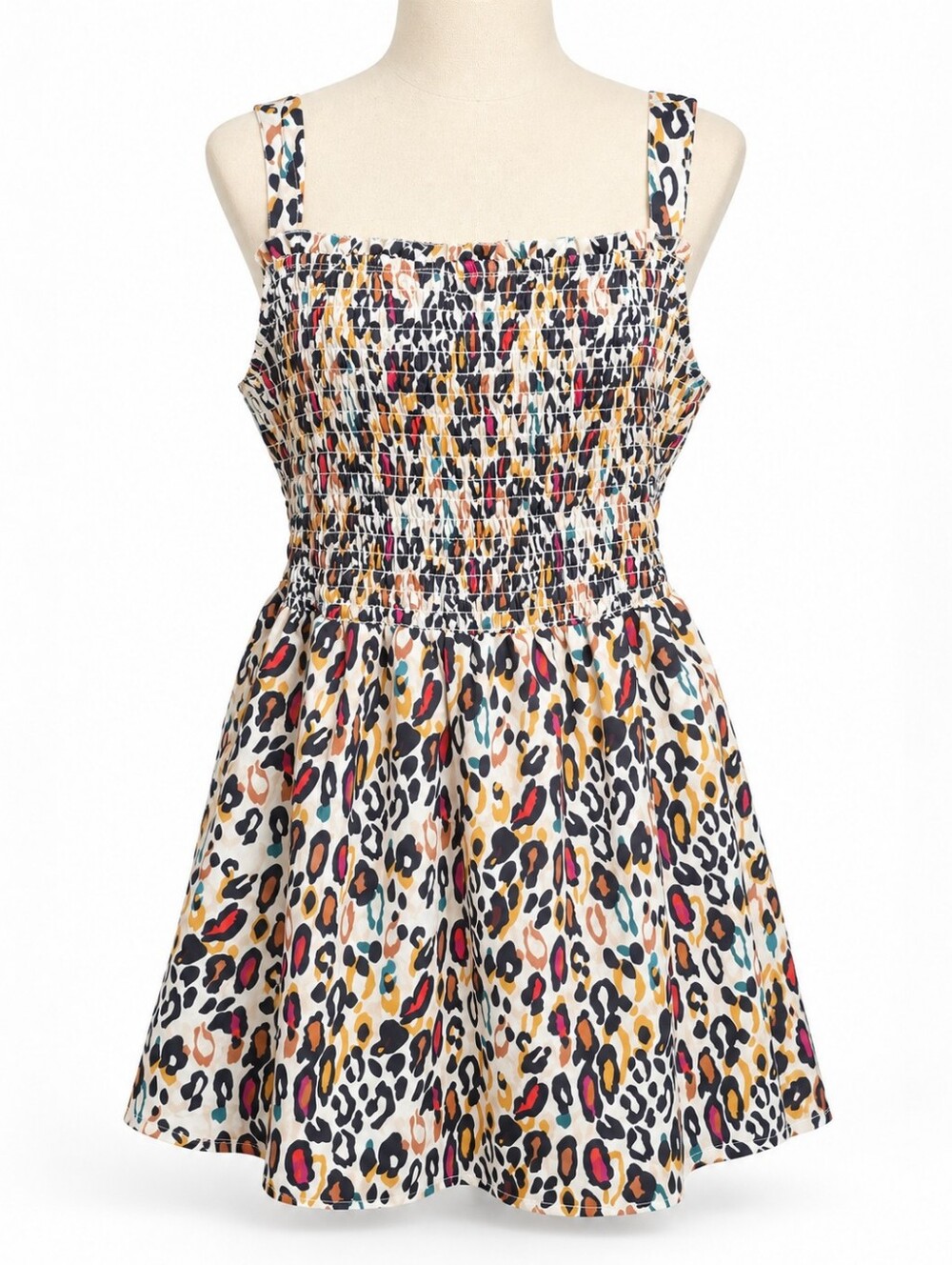 FAMSY Womens One Size Plus Leopard Smocked Sundress Mini Made in India